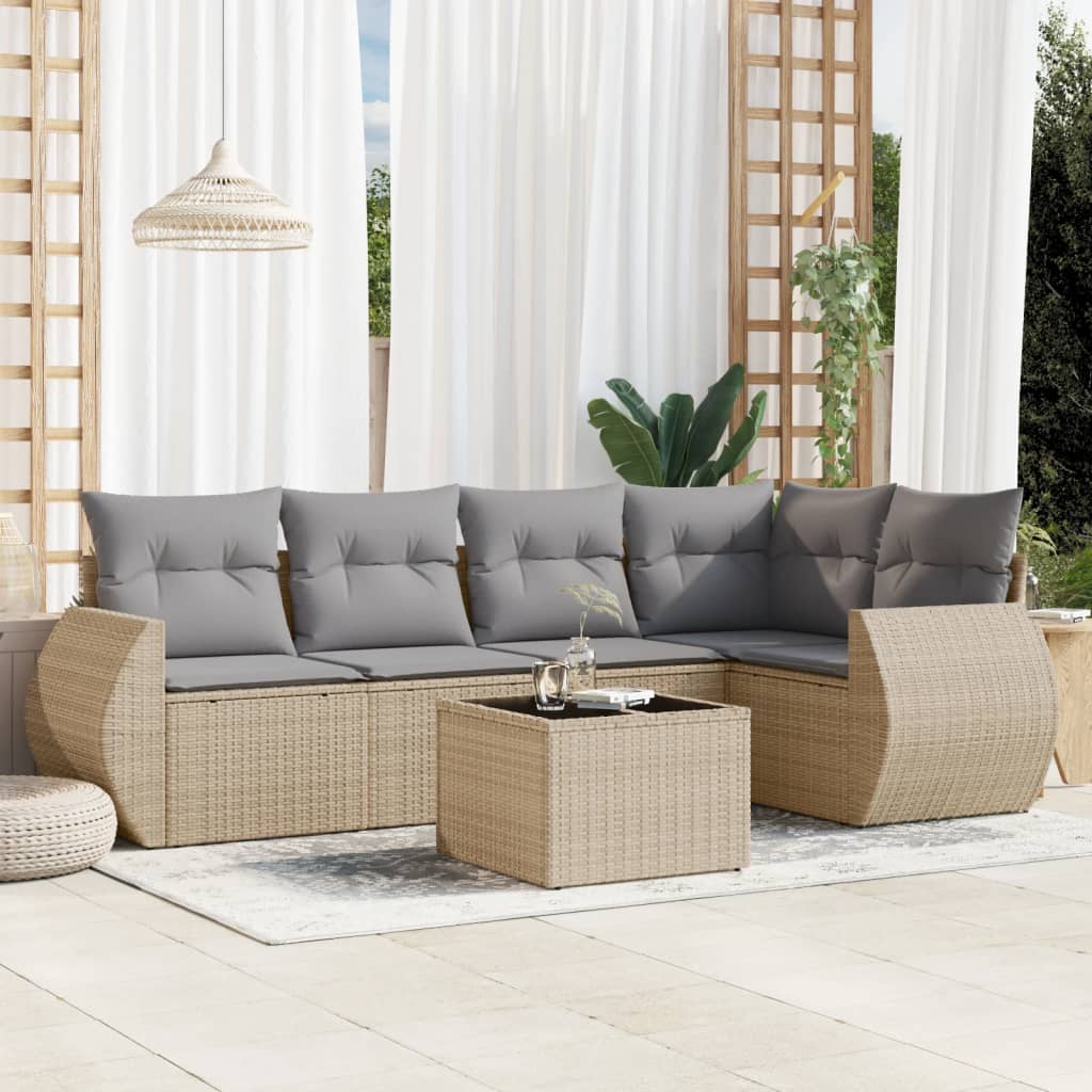 6 Pcs conjunto de sofás p/ jardim com almofadões vime PE bege