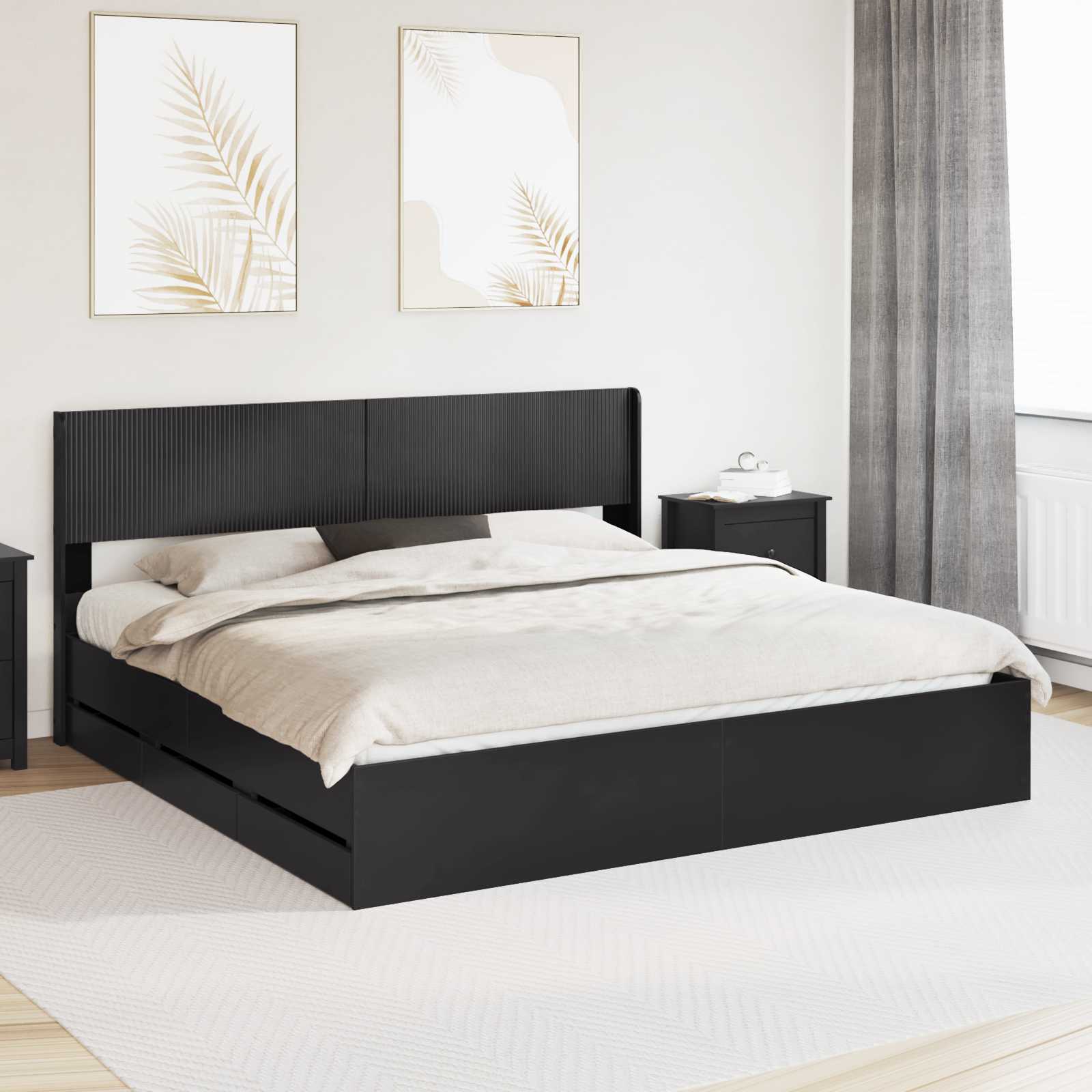 Estrutura de cama com armazenamento e cabeceira preto