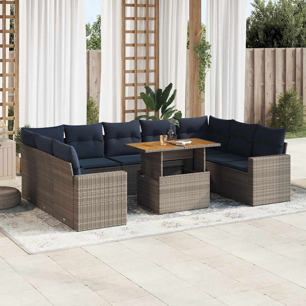 10 Pcs conjunto sofás de jardim c/ almofadões vime PE cinzento