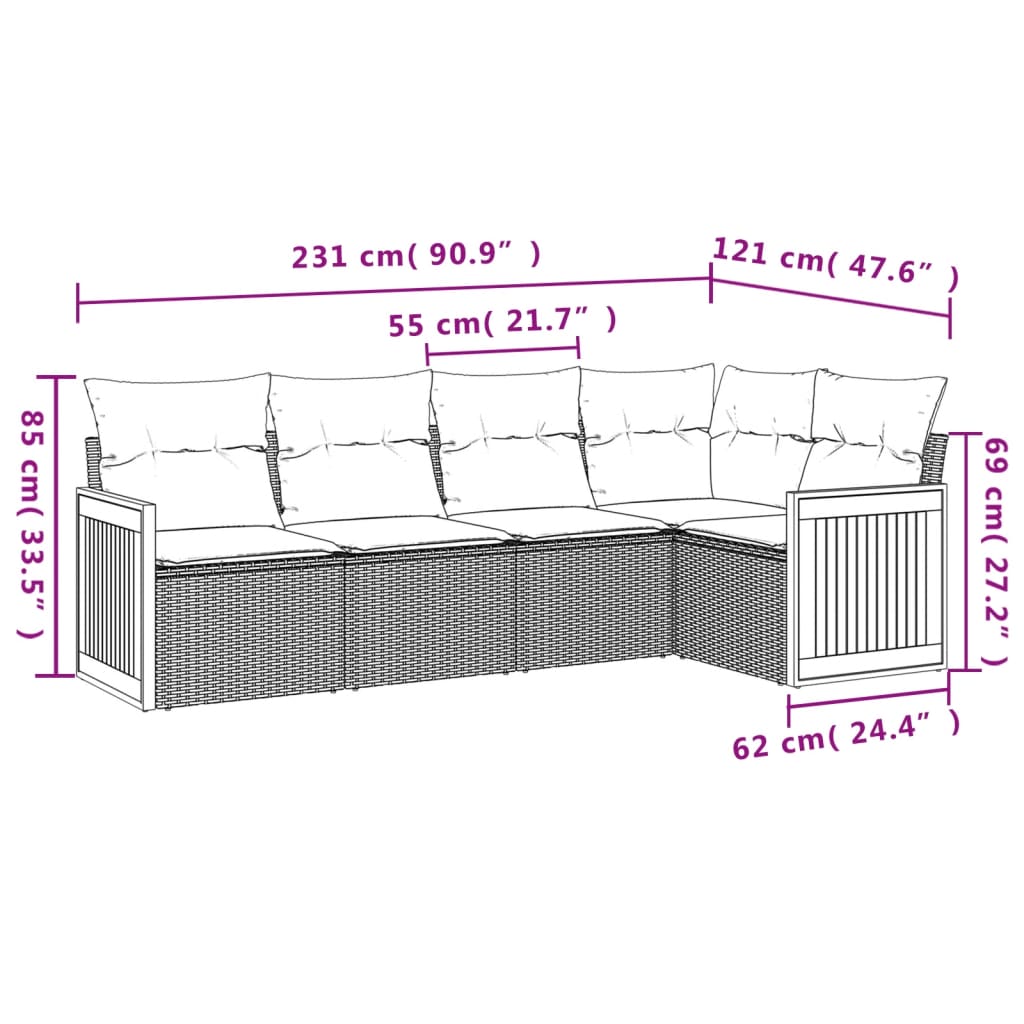 5 Pcs conjunto sofás de jardim c/ almofadões vime PE cinzento