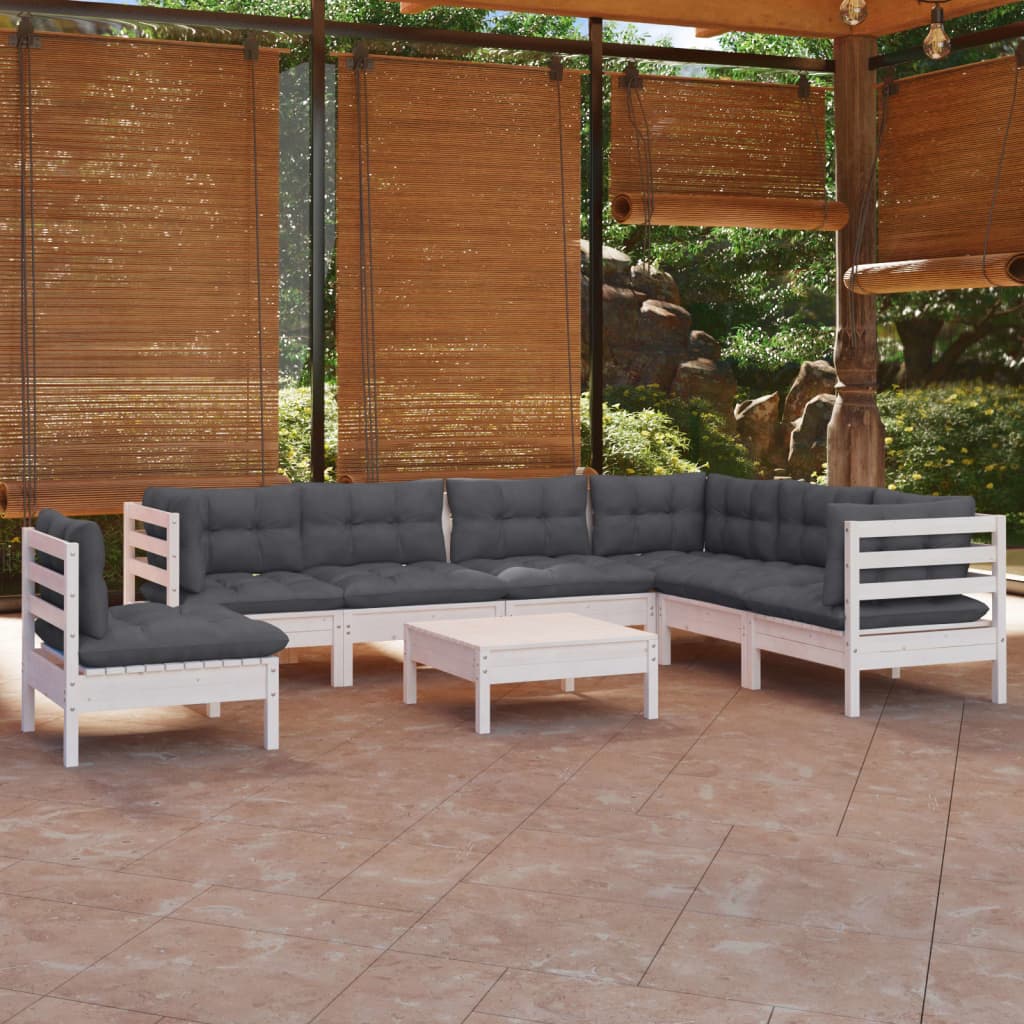 8 Pcs conj. lounge de jardim c/ almofadões pinho maciço branco