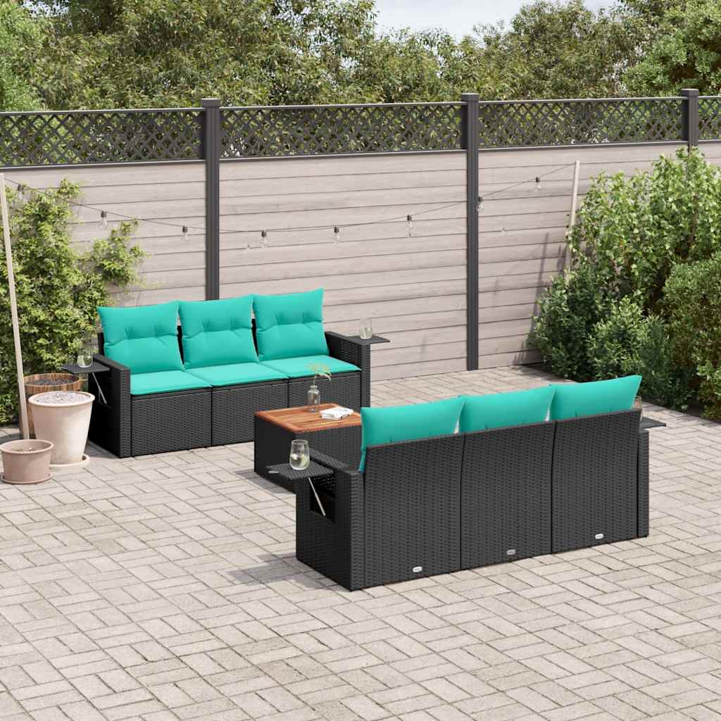 Conjunto de sofá de jardim com 7 peças e almofadas em rattan sintético preto