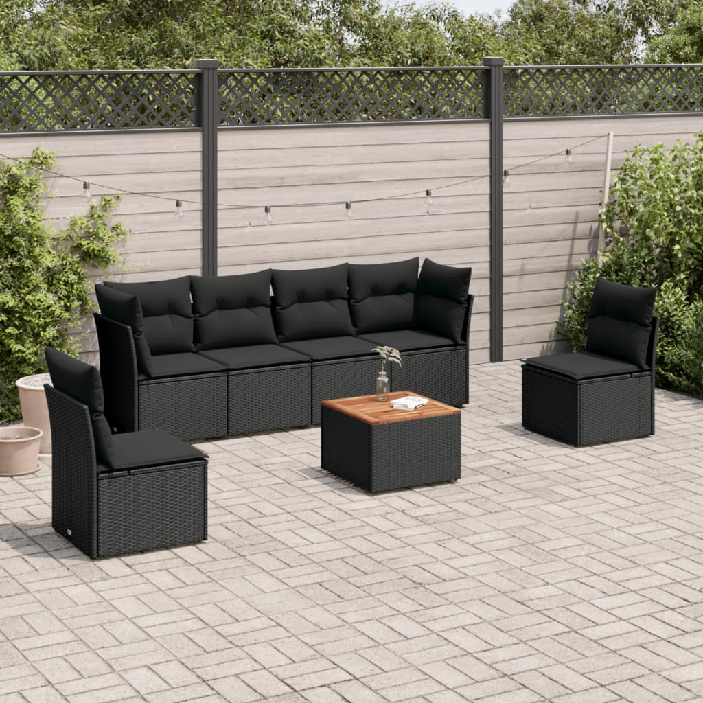7 Pcs conjunto de sofás p/ jardim c/ almofadões vime PE preto