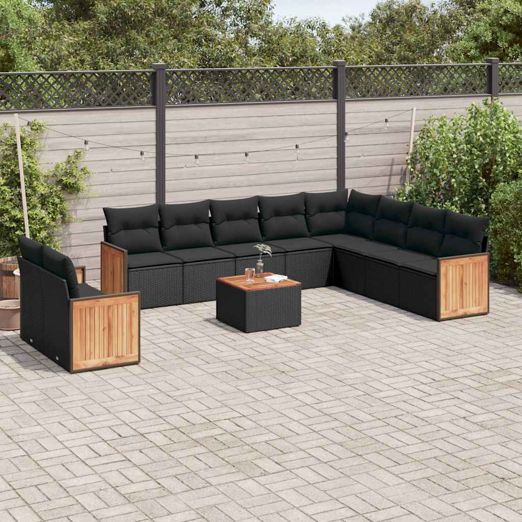 11 Pcs conjunto sofás de jardim c/ almofadões vime PE preto