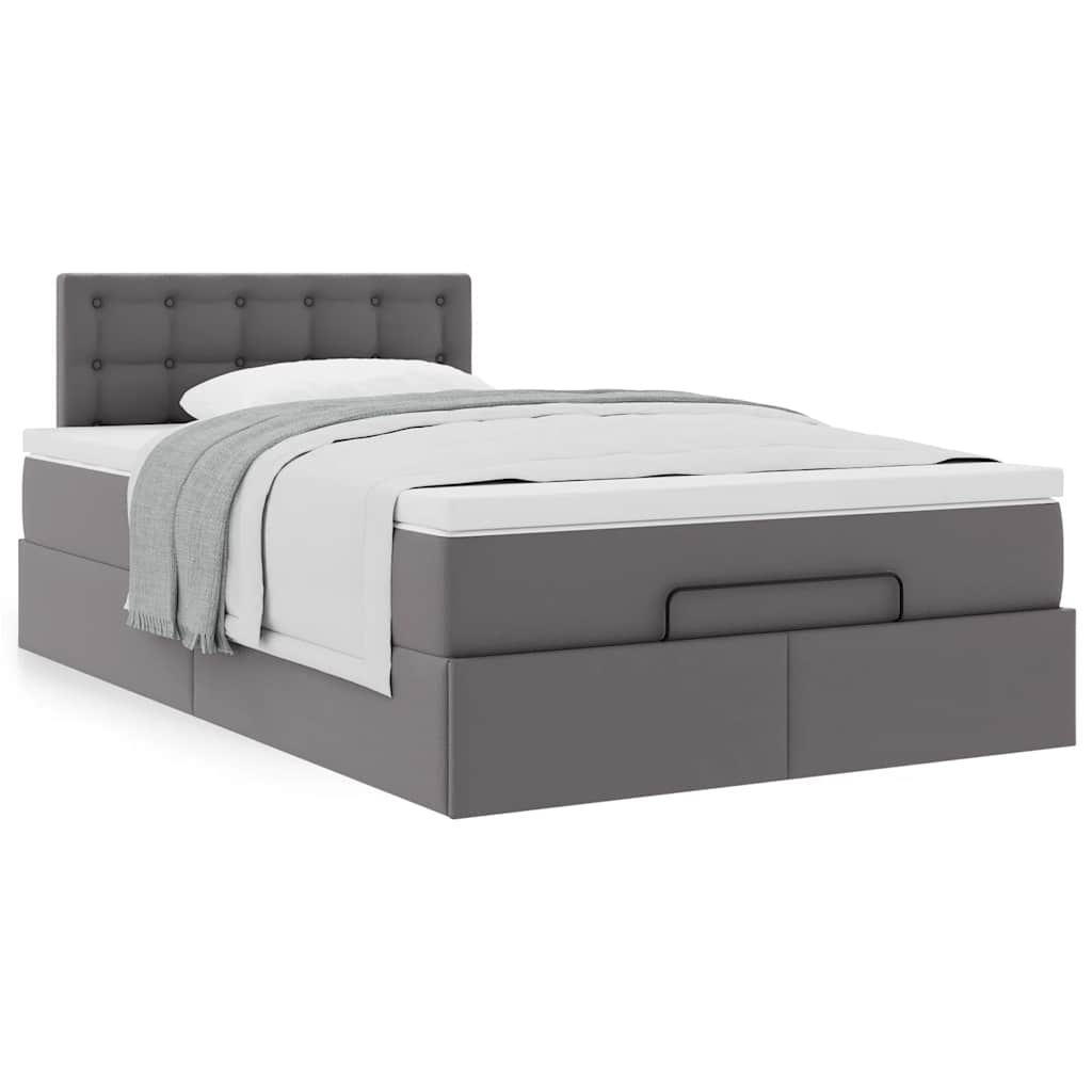 Estrutura de cama otomana com colchão cinza couro falso