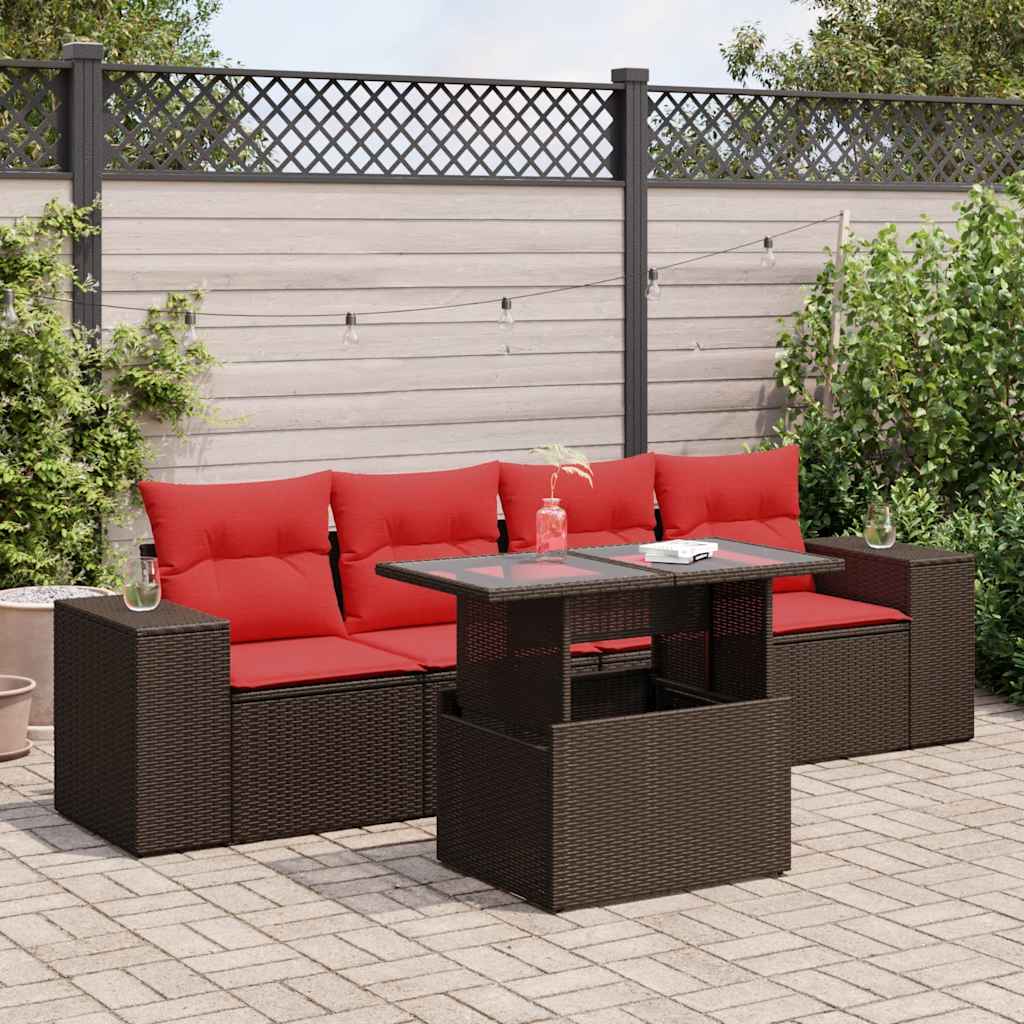 5 Pcs conj. sofás jardim c/ almofadões vime PE/acácia castanho