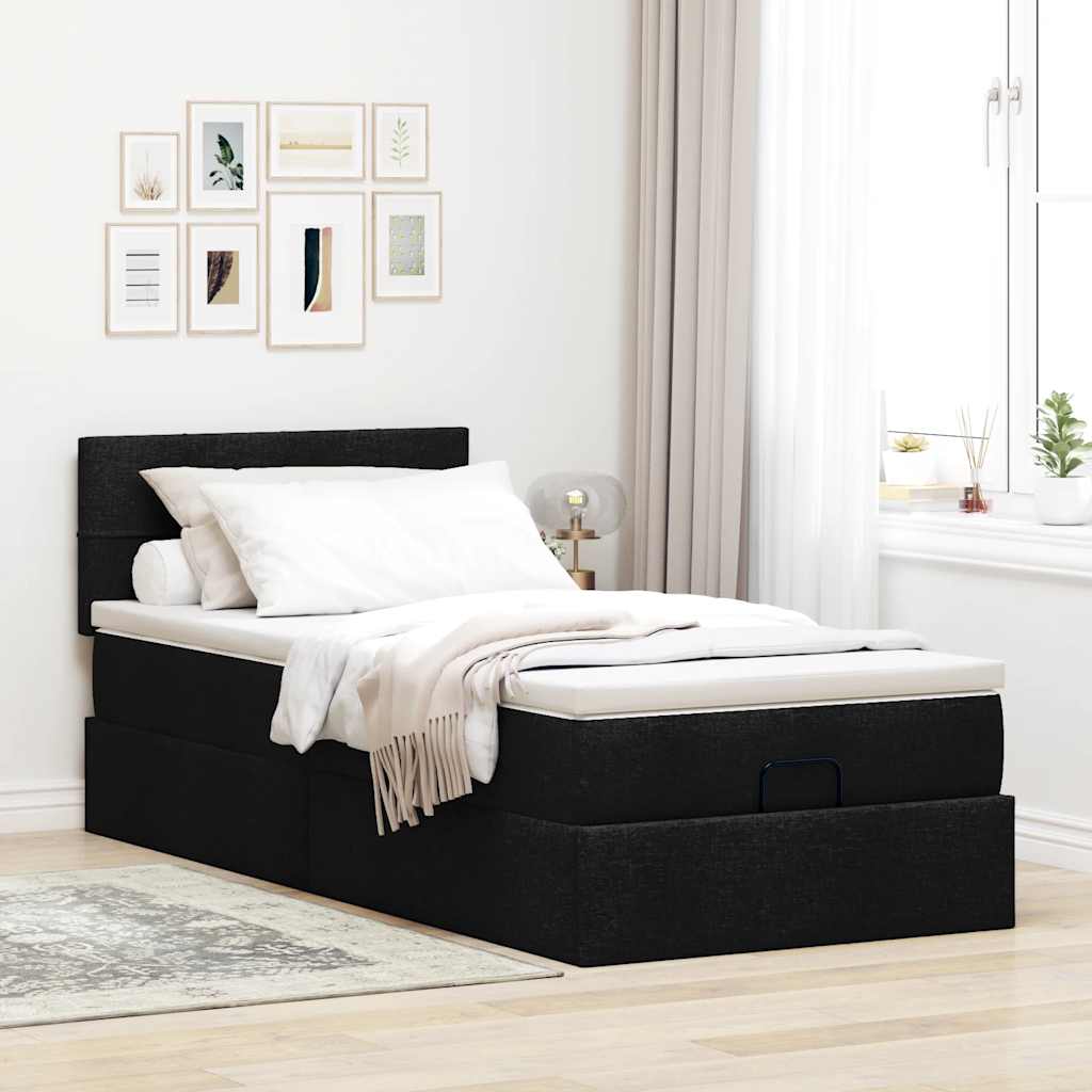 Cama otomana com colchão 100x200 cm tecido preto