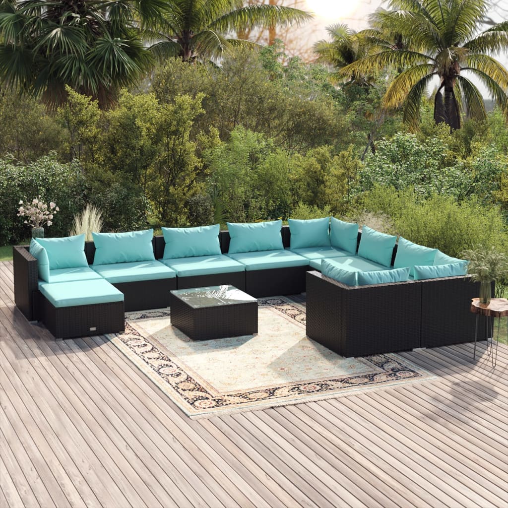 11 Pcs conjunto lounge de jardim c/ almofadões vime PE preto