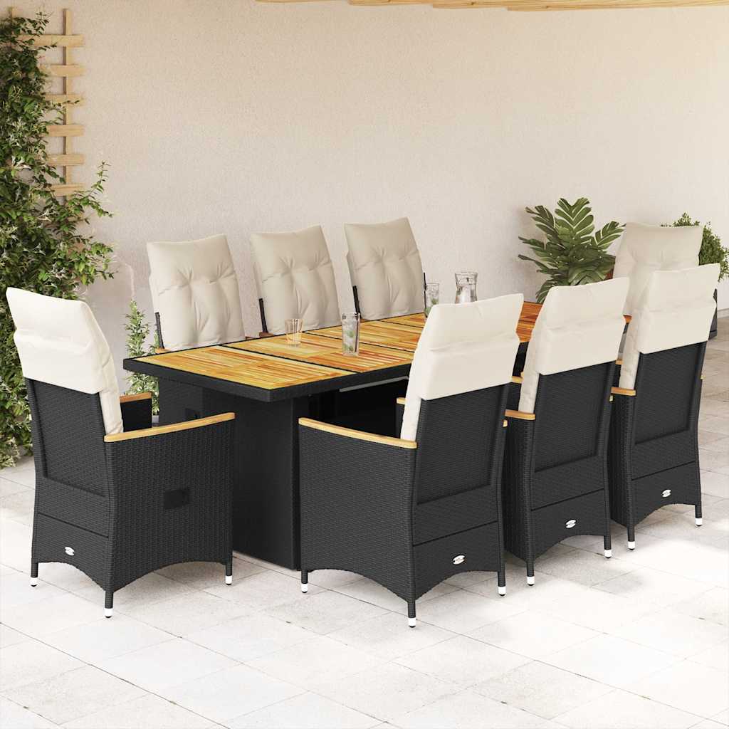 9 Pcs conjunto de bistrô p/ jardim c/ almofadões vime PE preto