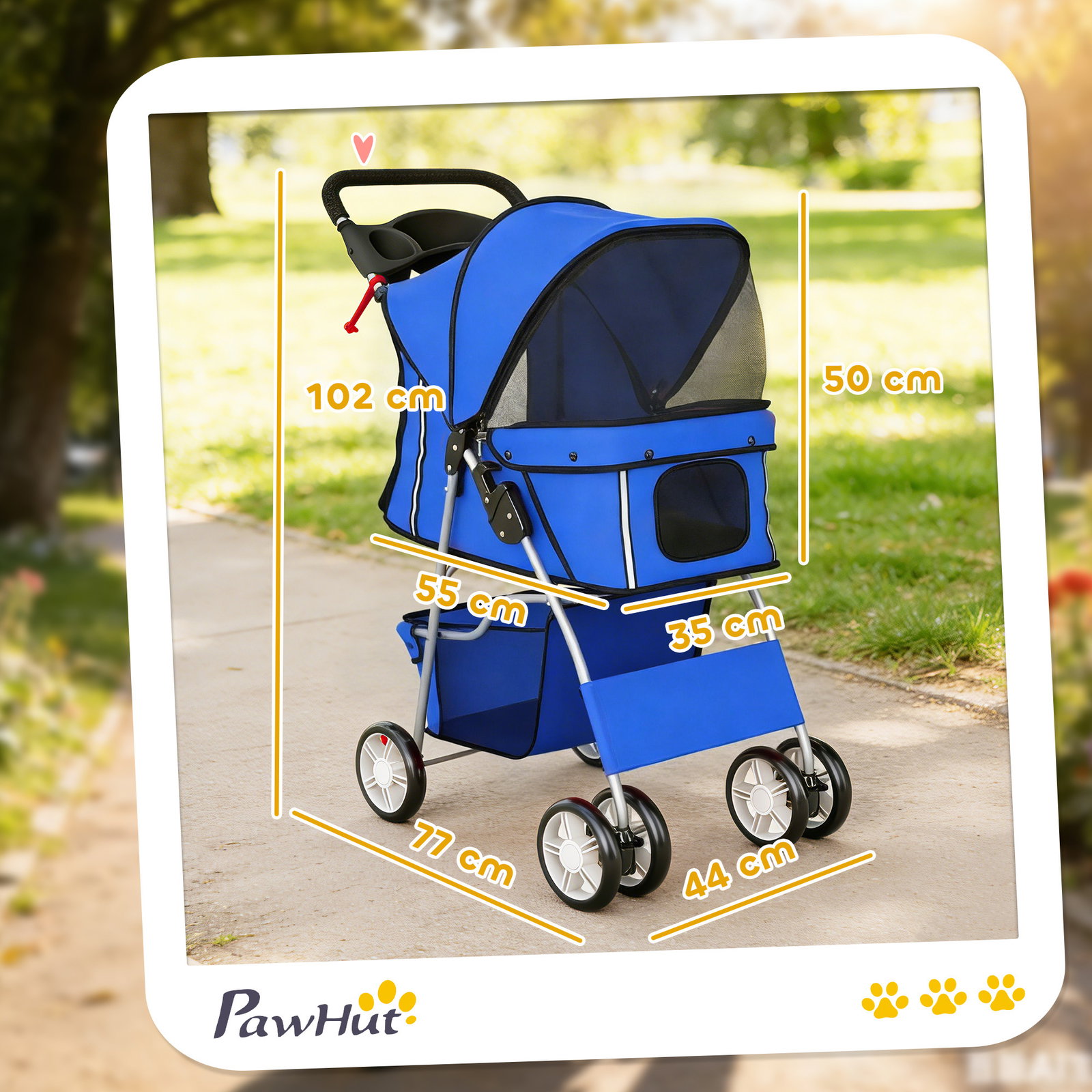 Carrinho dobrável para cães com faixas refletoras rodas giratórias freios e almofada lavável azul