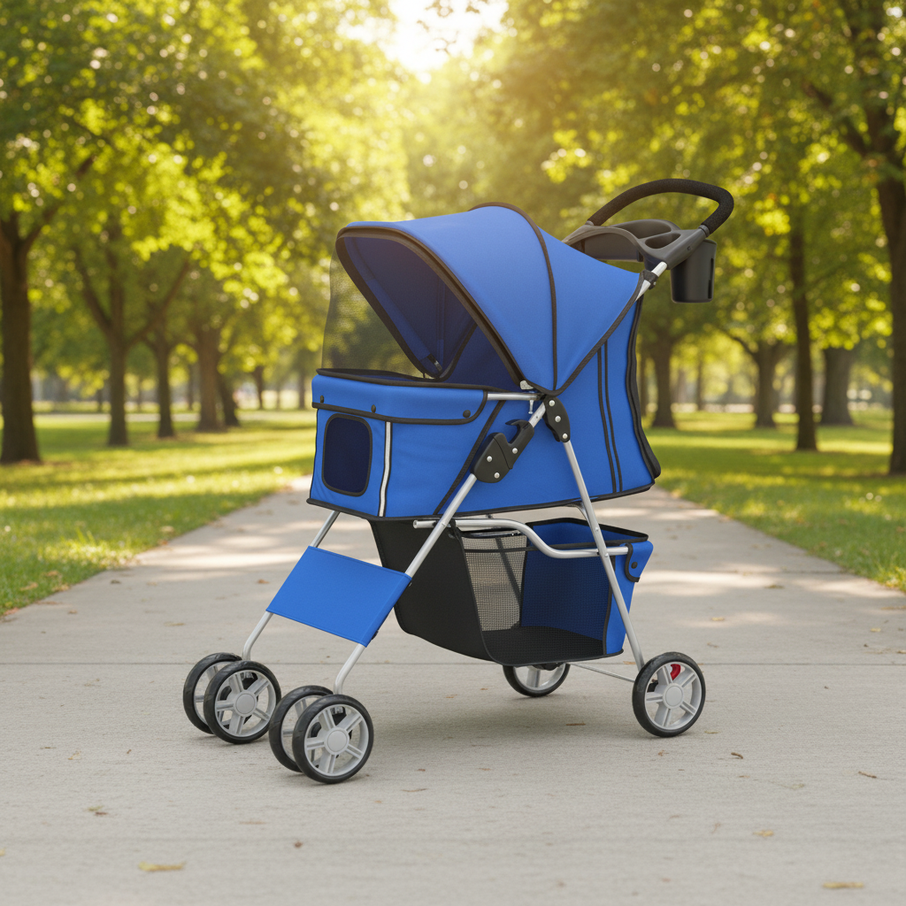 Carrinho dobrável para cães com faixas refletoras rodas giratórias freios e almofada lavável azul