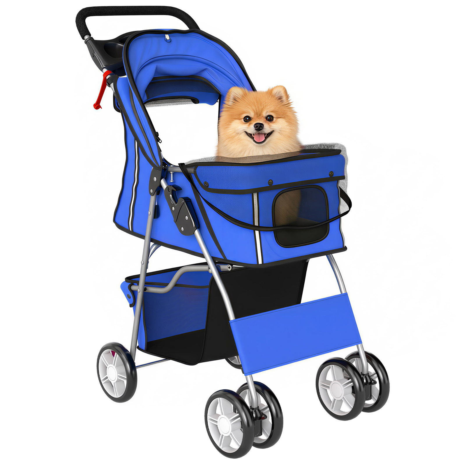 Carrinho dobrável para cães com faixas refletoras rodas giratórias freios e almofada lavável azul