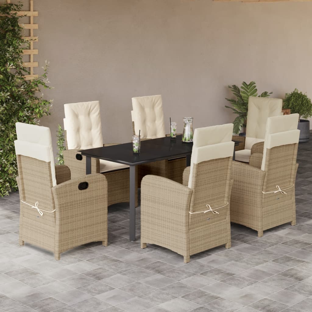 7 Pcs conjunto de jantar p/ jardim com almofadões vime PE bege