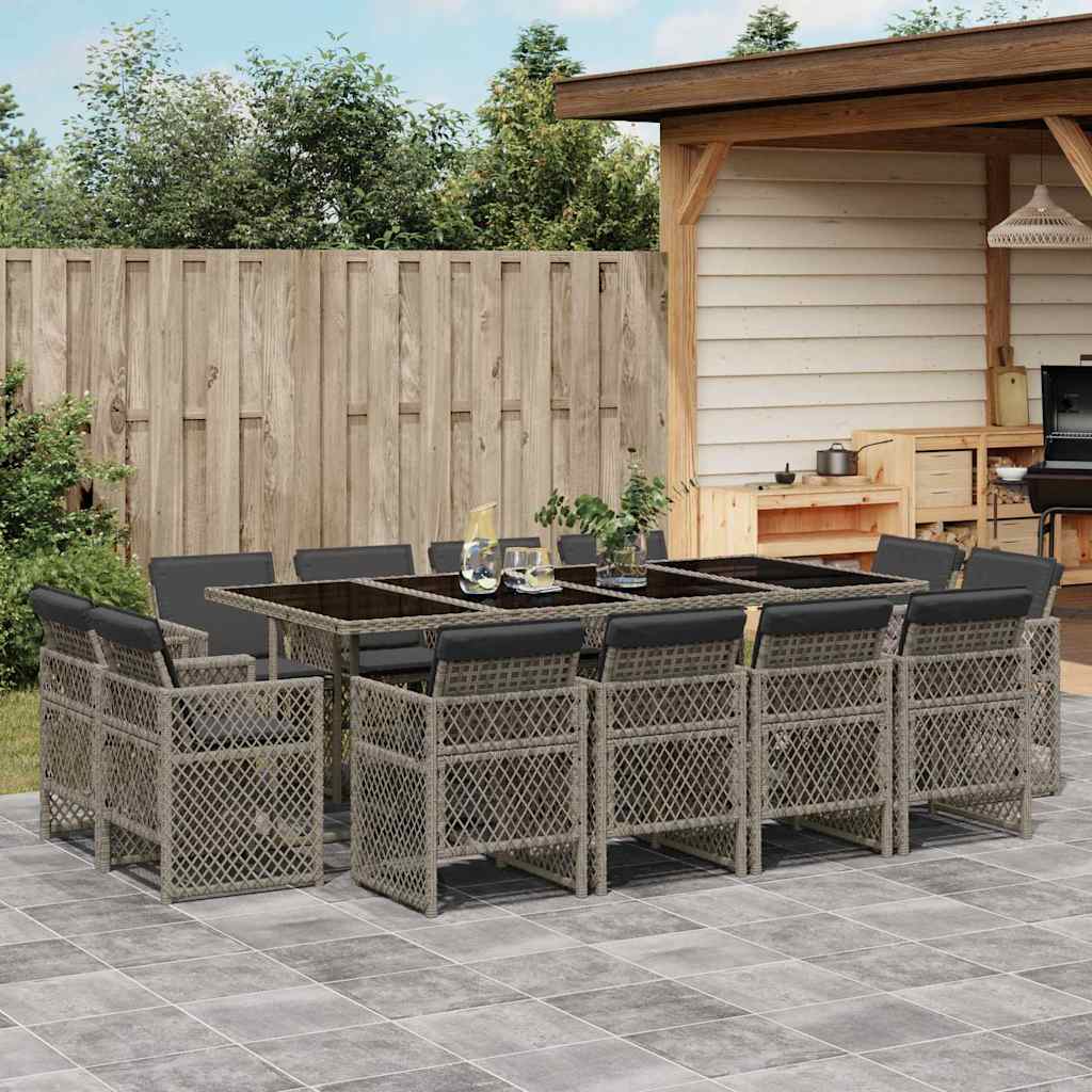 13 Pcs conjunto jantar p/ jardim c/ almofadões vime PE cinzento