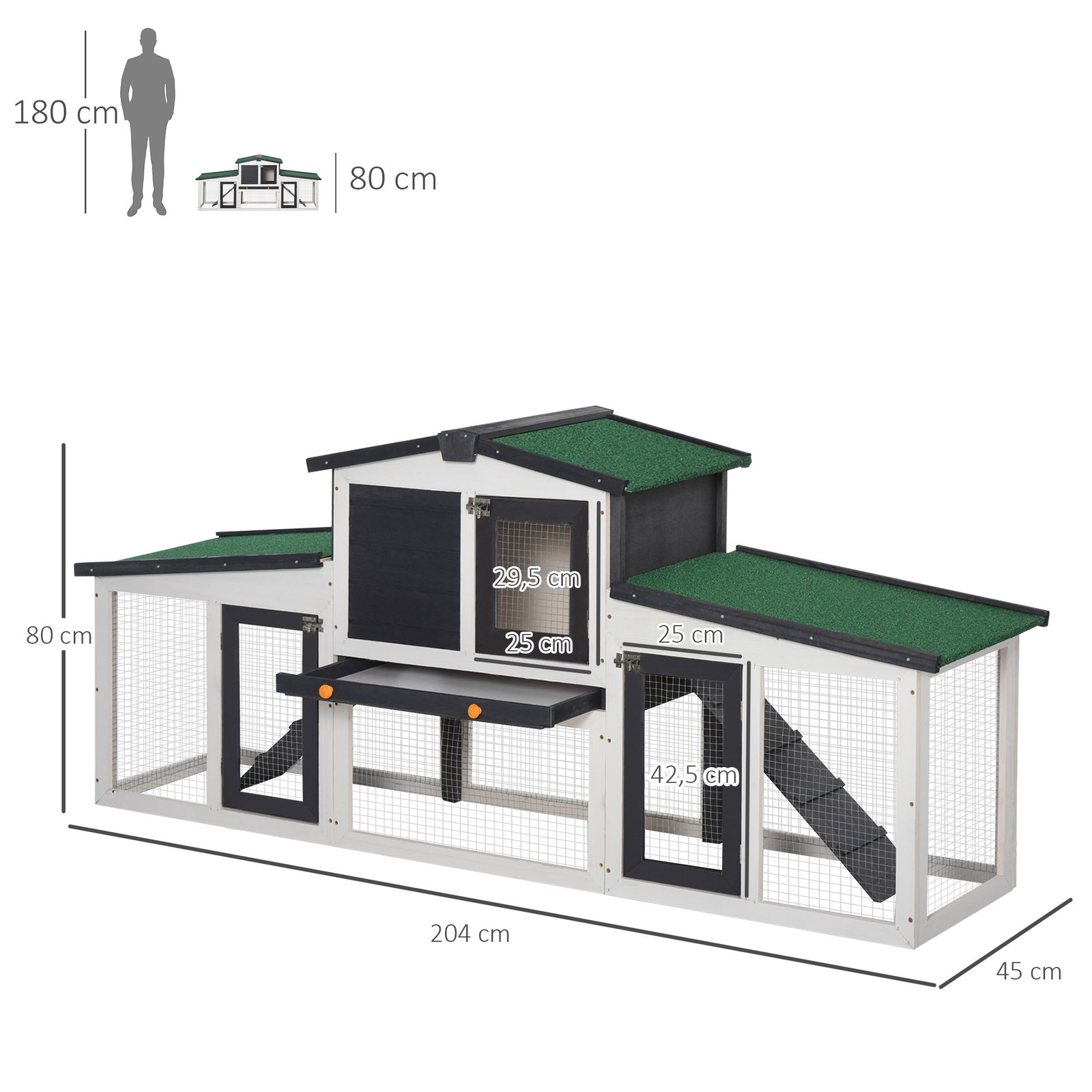 Coelheira de madeira gaiola para coelhos com teto rebatível escada e bandeja amovível para exterior 197x49x86 cm cinza