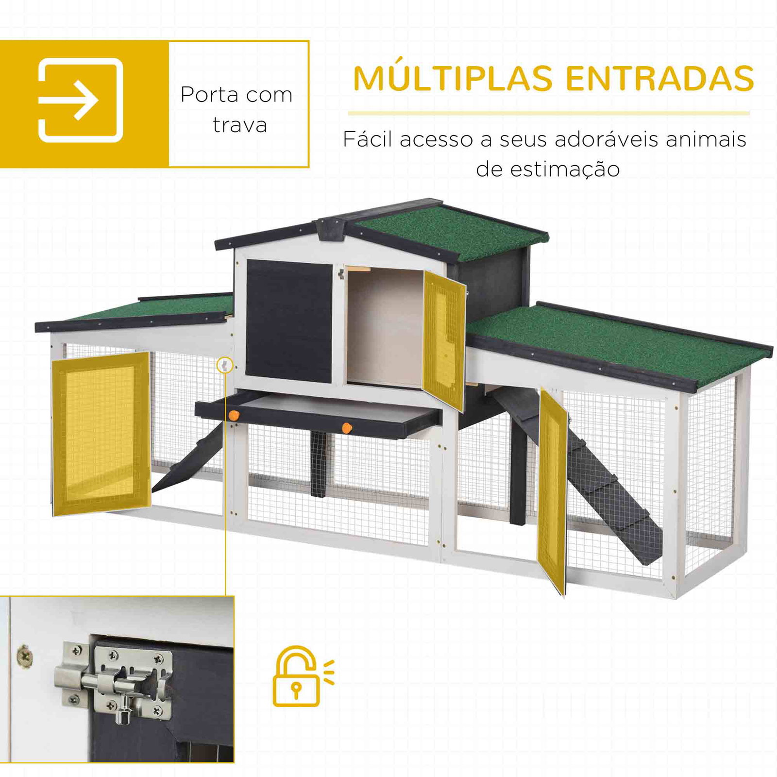 Coelheira de madeira gaiola para coelhos com teto rebatível escada e bandeja amovível para exterior 197x49x86 cm cinza