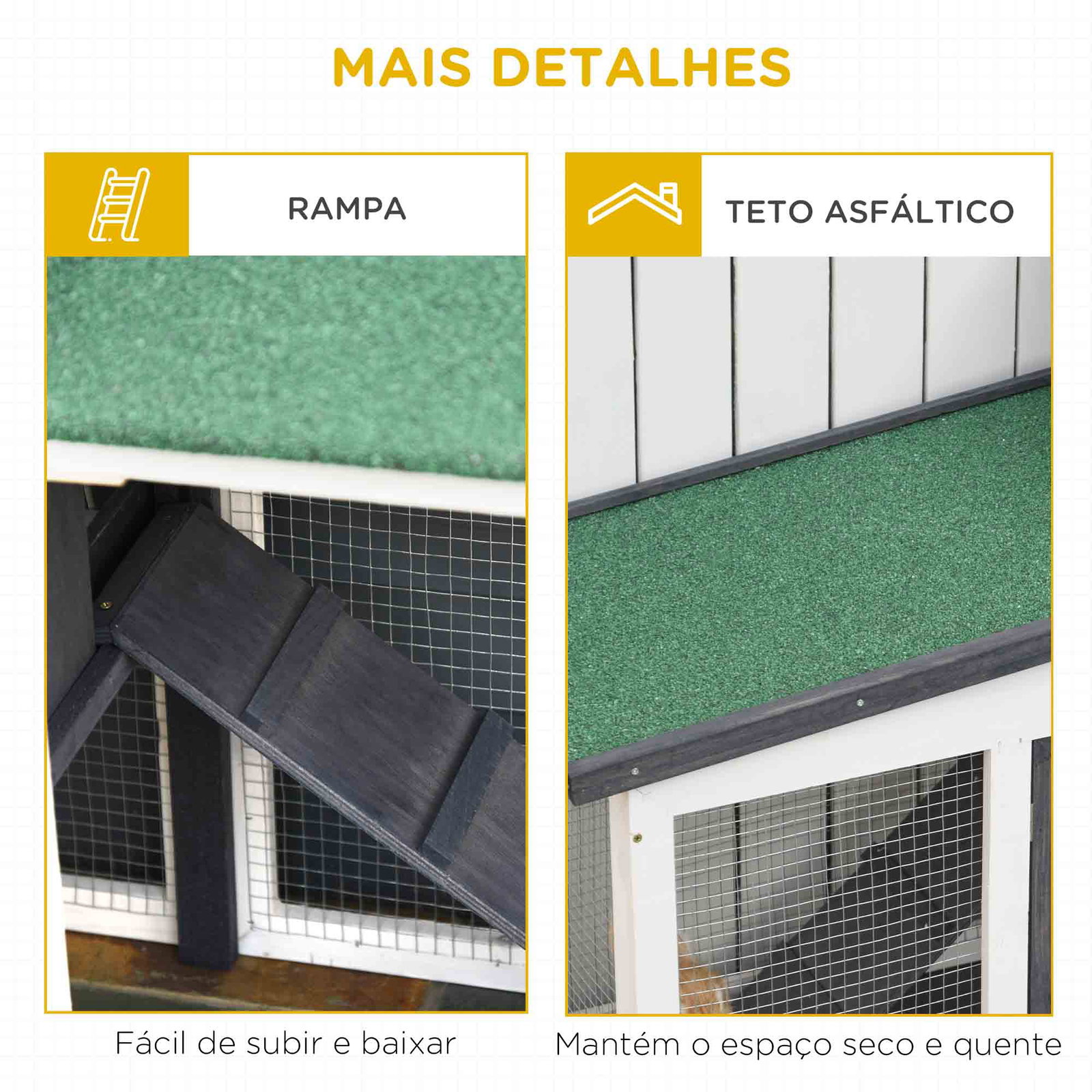 Coelheira de madeira gaiola para coelhos com teto rebatível escada e bandeja amovível para exterior 197x49x86 cm cinza