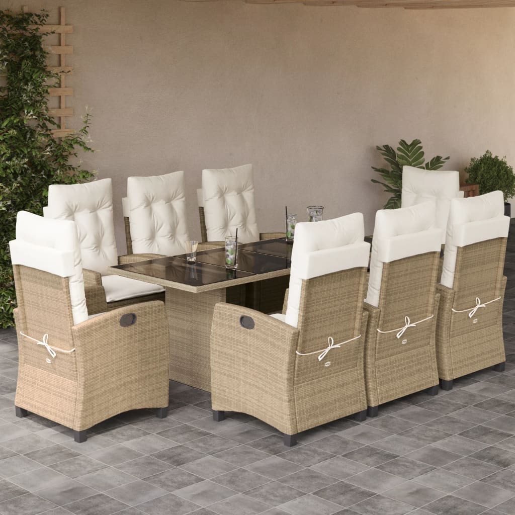 9 Pcs conjunto de jantar p/ jardim com almofadões vime PE bege