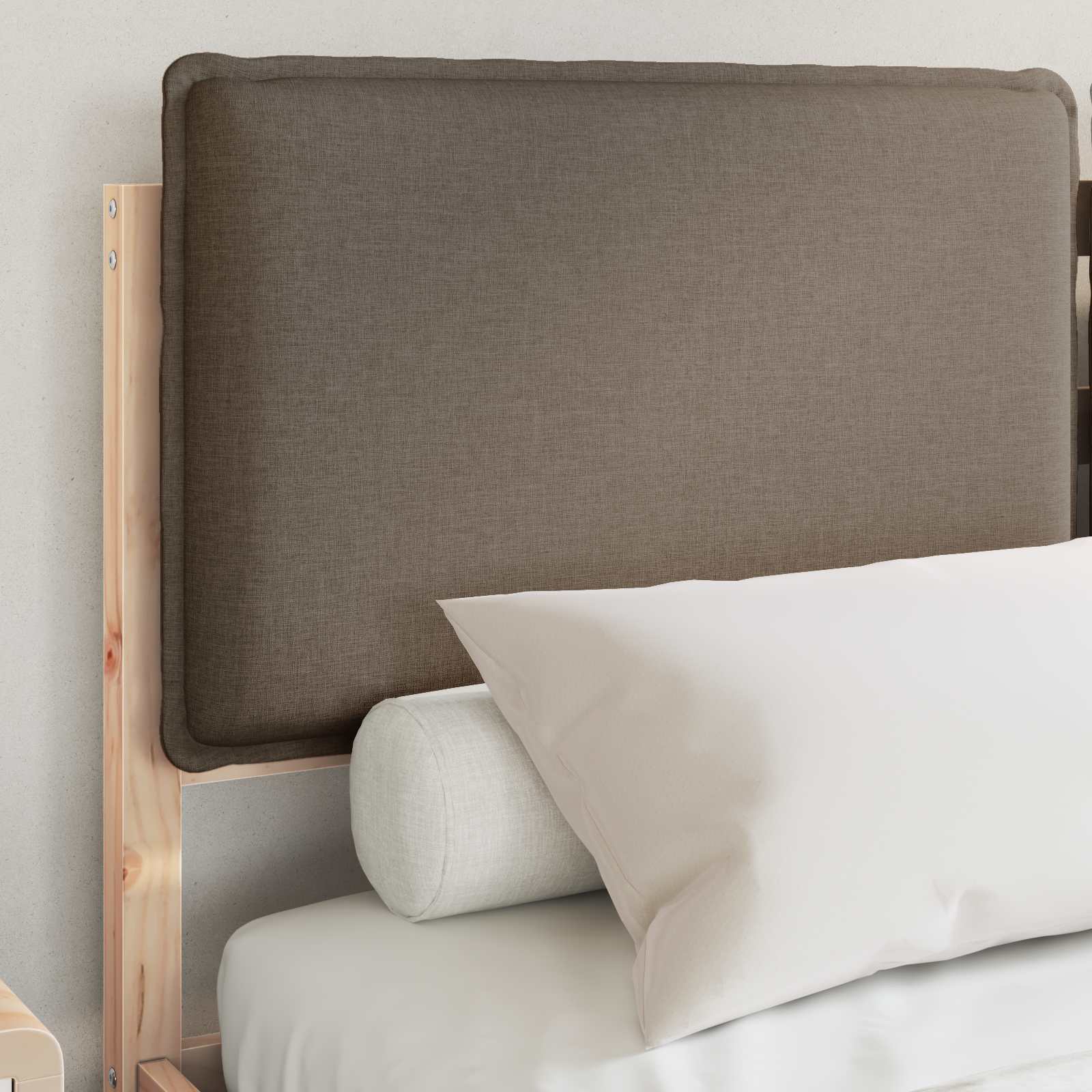 Estrutura de cama com cabeceira estofada cinzento-acastanhado