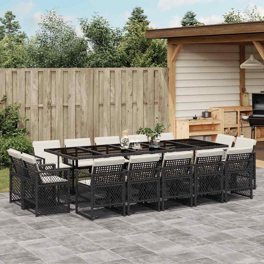 15 Pcs conjunto de jantar p/jardim com almofadões vime PE preto