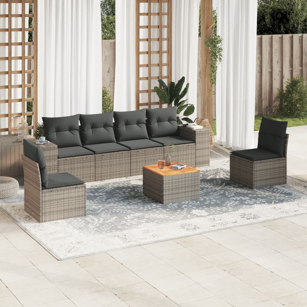7 Pcs conjunto sofás p/ jardim c/ almofadões vime PE cinzento
