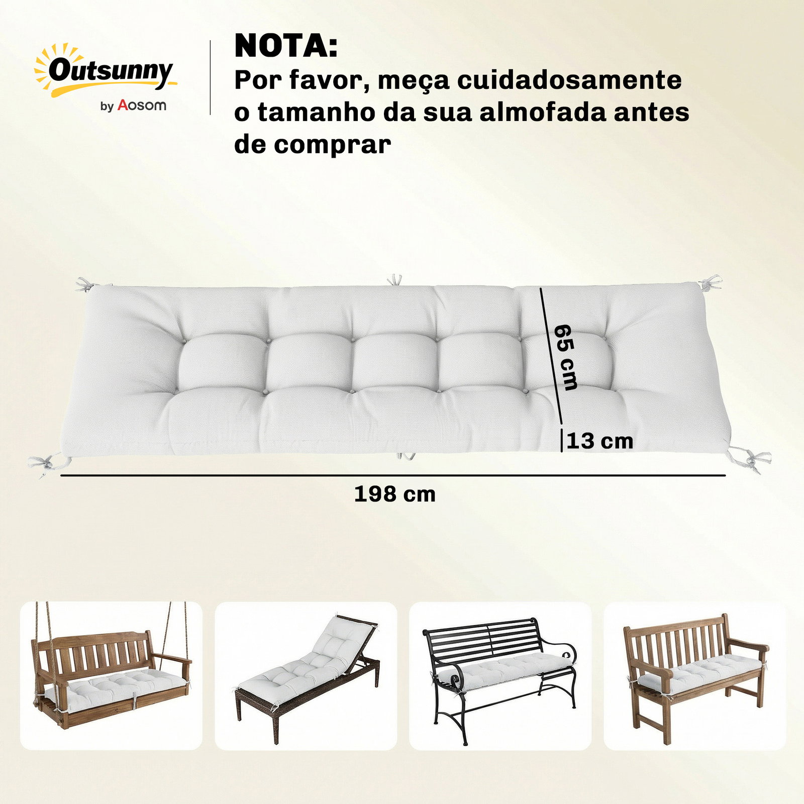 Almofada para banco exterior com tiras de fixação proteção uv50+ recuperação lenta interior exterior 198x65x13 cm creme