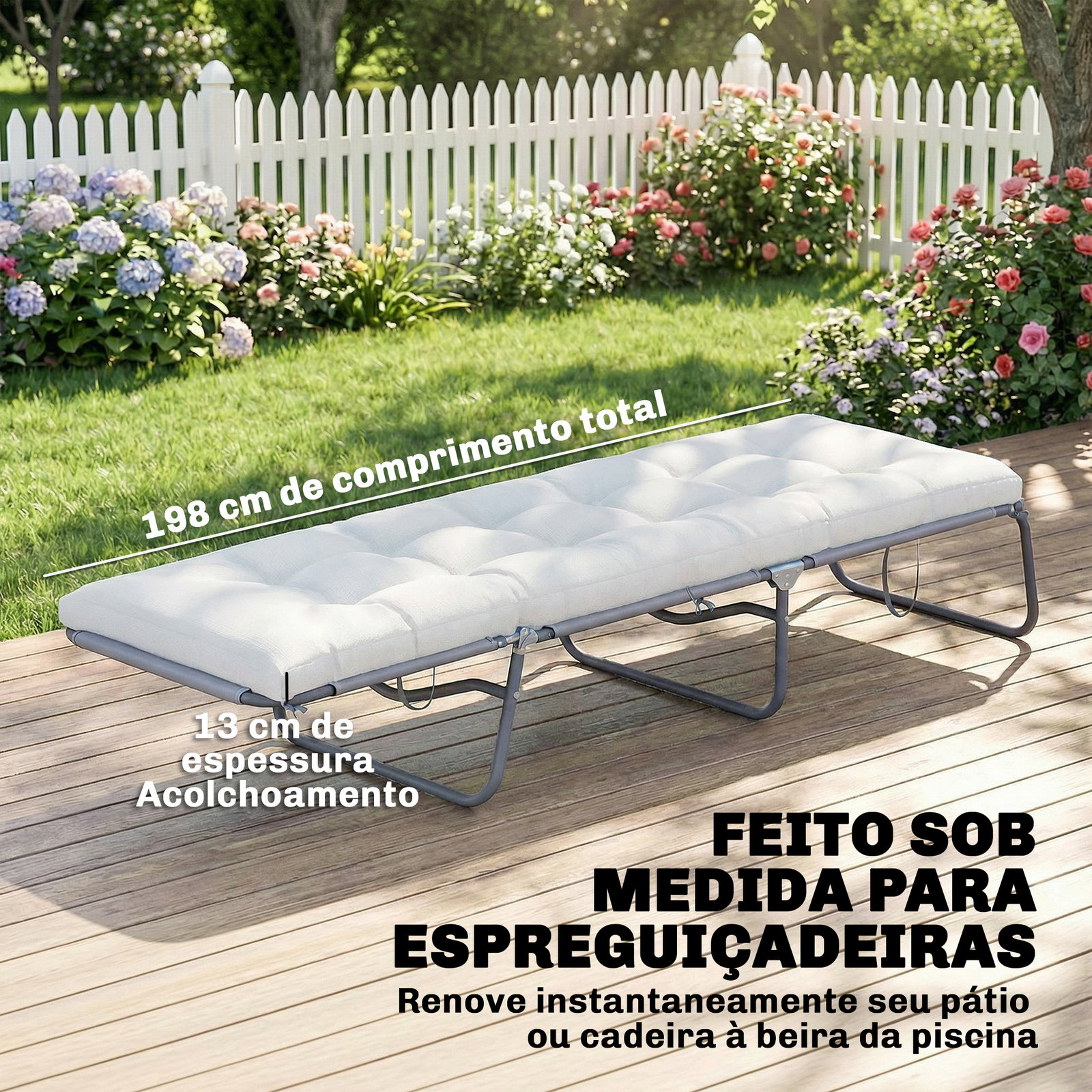 Almofada para banco exterior com tiras de fixação proteção uv50+ recuperação lenta interior exterior 198x65x13 cm creme