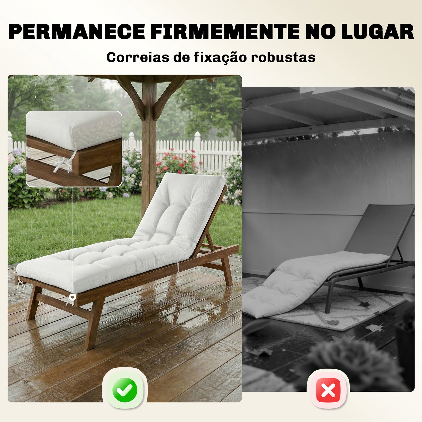 Almofada para banco exterior com tiras de fixação proteção uv50+ recuperação lenta interior exterior 198x65x13 cm creme