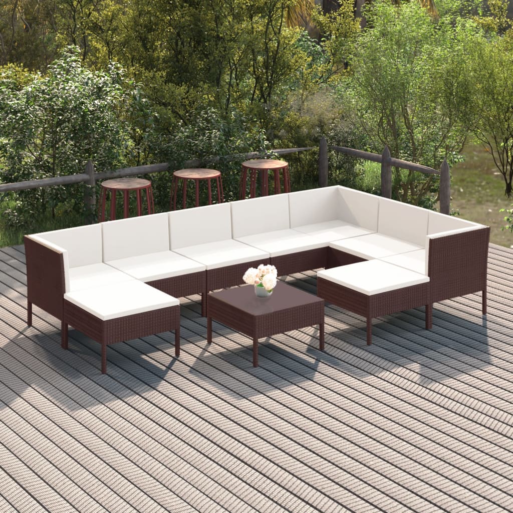 10 Pcs conjunto lounge jardim c/ almofadões vime PE castanho