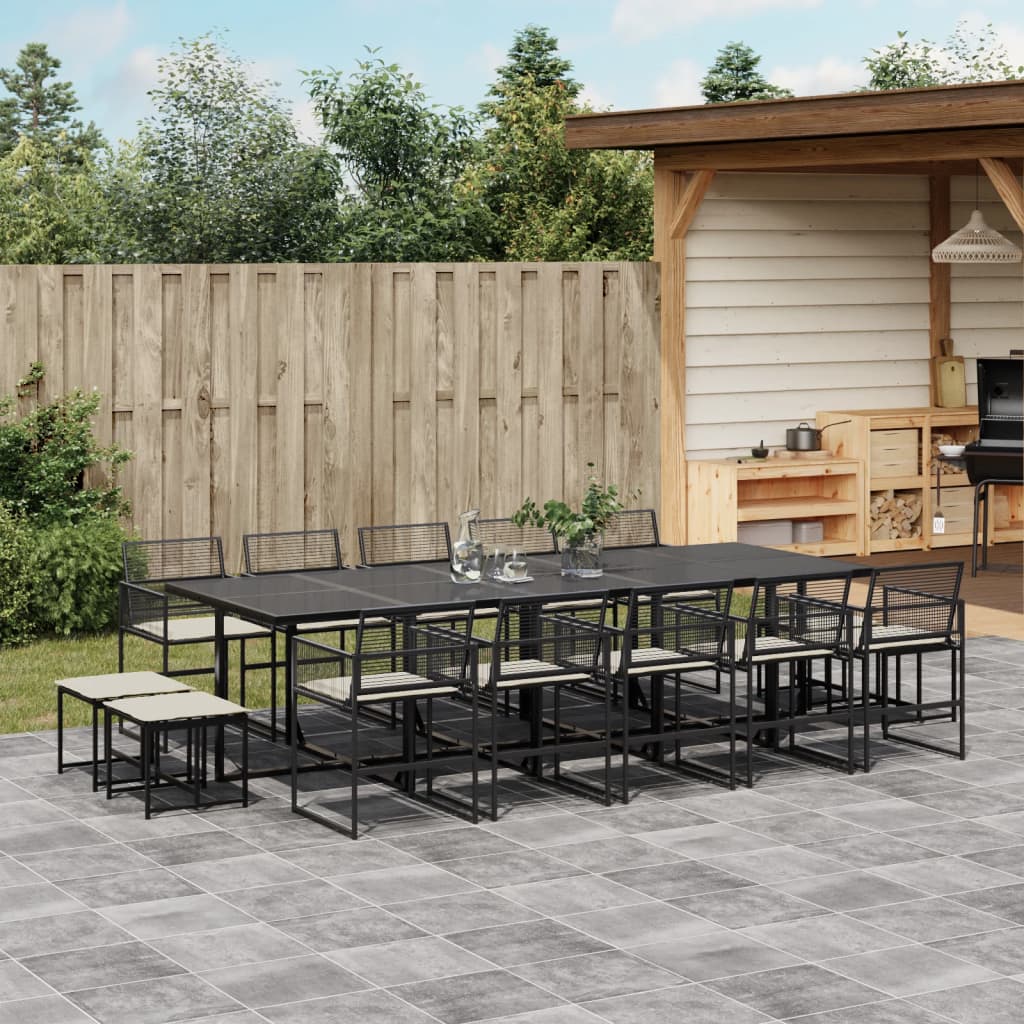 15 Pcs conjunto de jantar p/jardim com almofadões vime PE preto