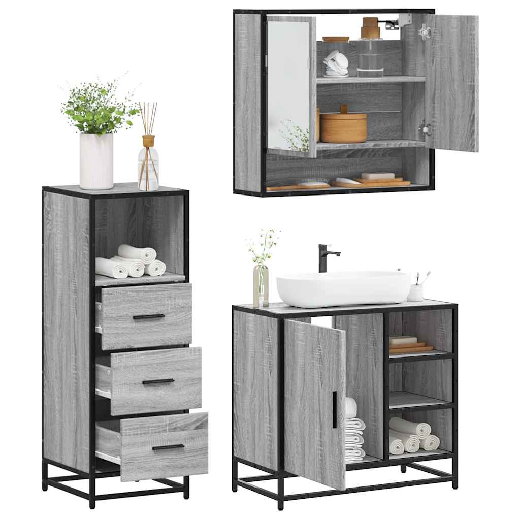 3 Pcs conjunto móveis casa de banho madeira proc. cinza sonoma