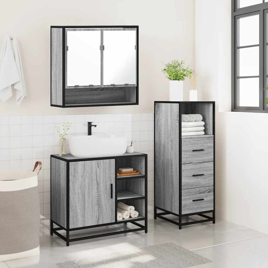 3 Pcs conjunto móveis casa de banho madeira proc. cinza sonoma