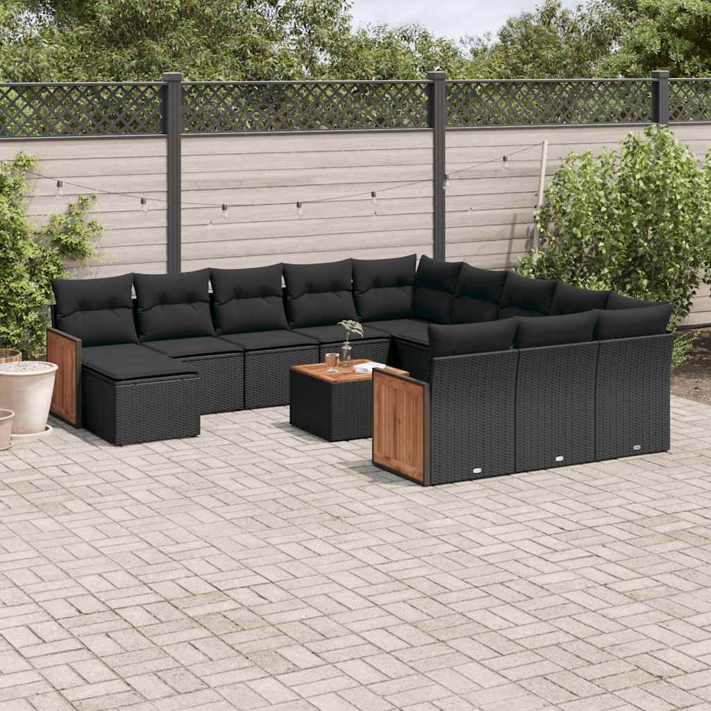 13 Pcs conjunto de sofás de jardim com almofadões vime PE preto