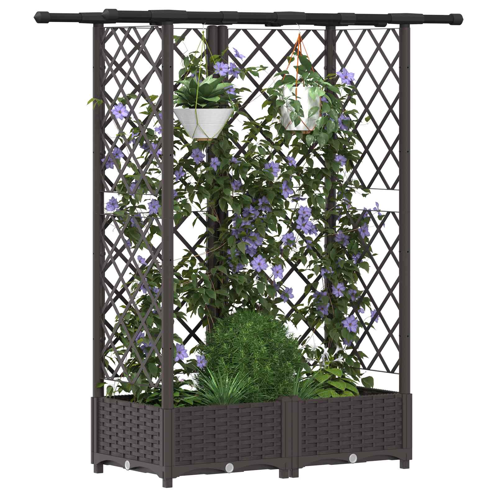 Cama elevada com treliça e telhado castanho 124 x 40 x 121 cm