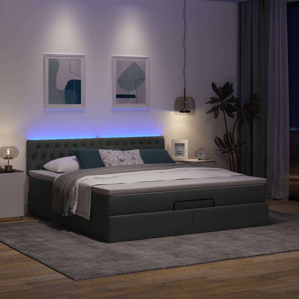 Cama otomana com colchão & leds 180x200cm tecido cinza-escuro