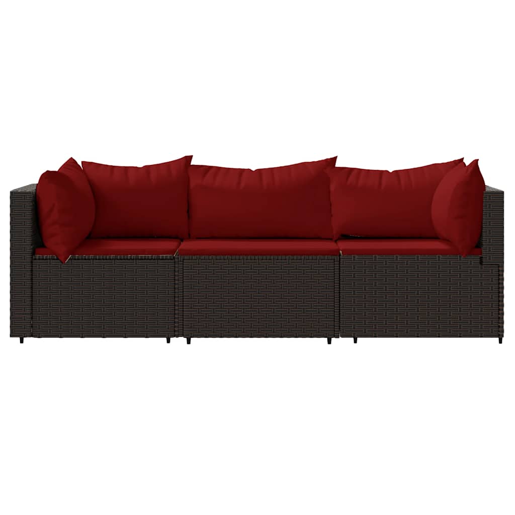 3 Pcs conjunto lounge jardim c/ almofadões vime PE castanho