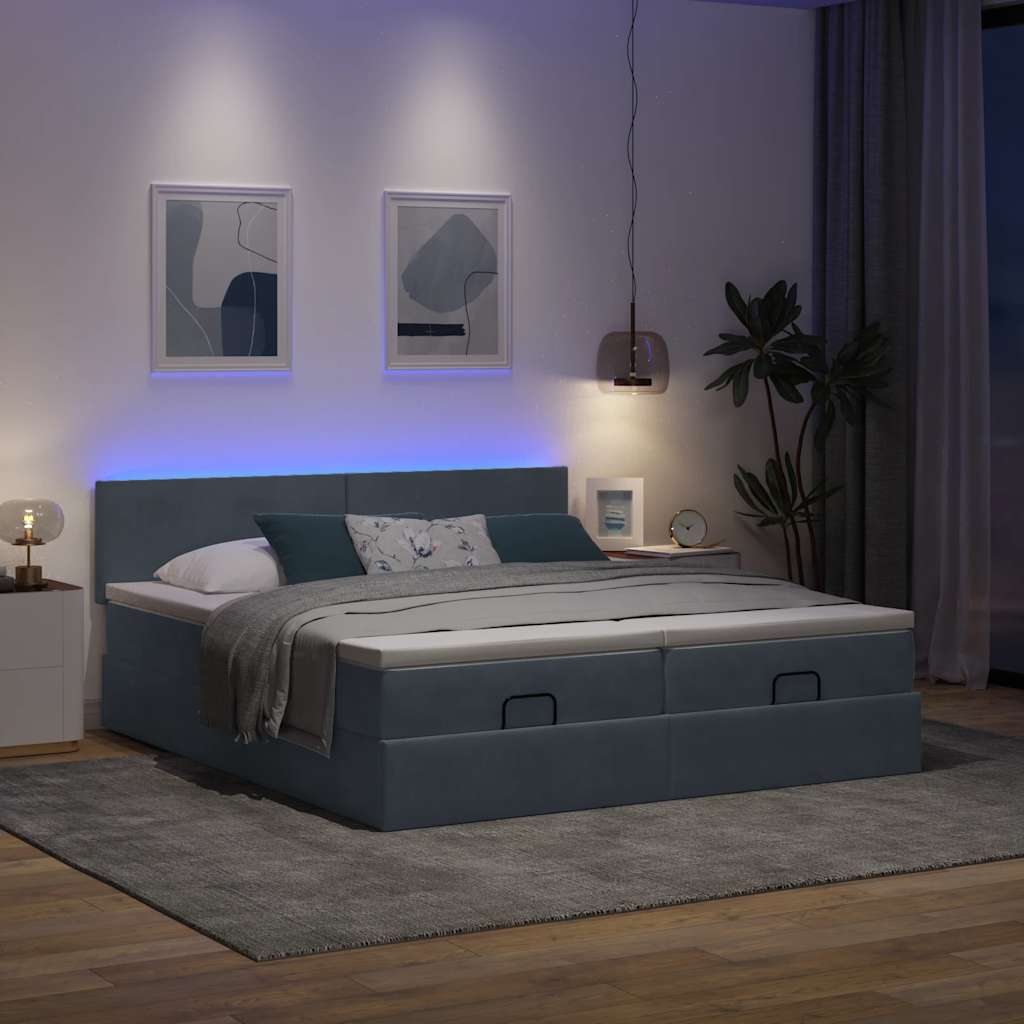 Moldura de cama otomana com colchão cinza escuro veludo