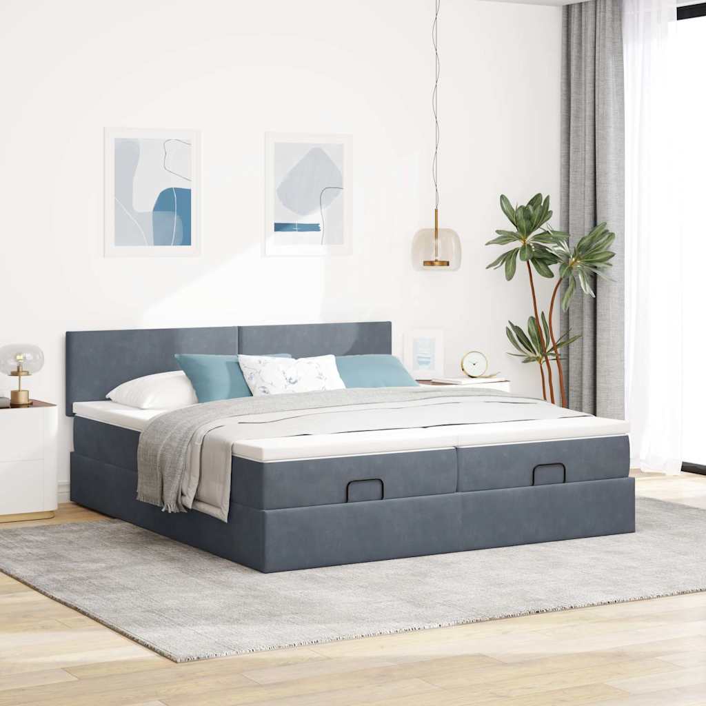 Moldura de cama otomana com colchão cinza escuro veludo