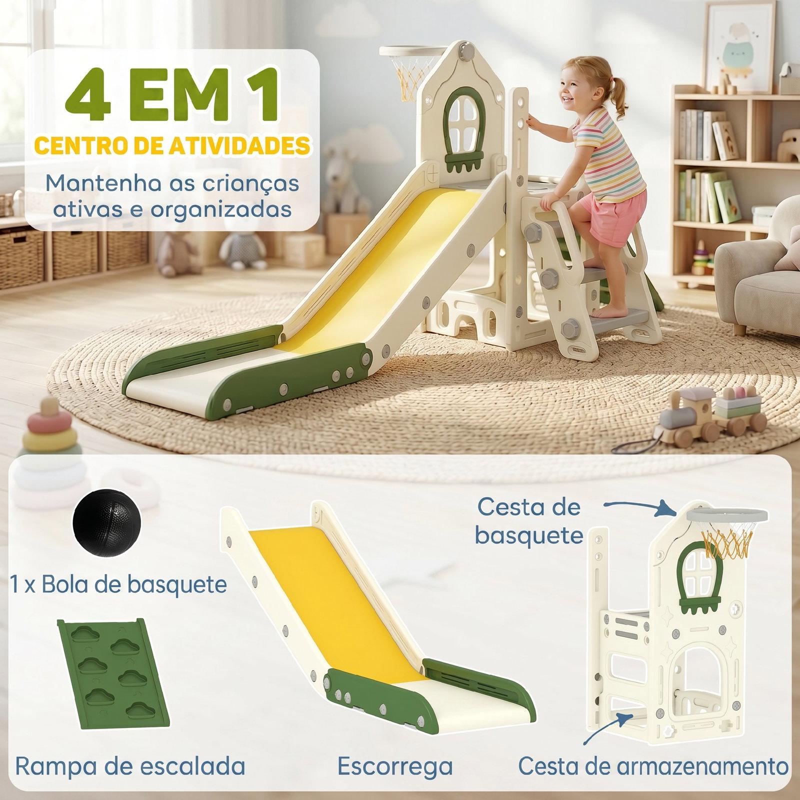 Escorrega infantil dobrável 4 em 1 com trepador, aro de basquetebol, bola, arrumação e degraus creme