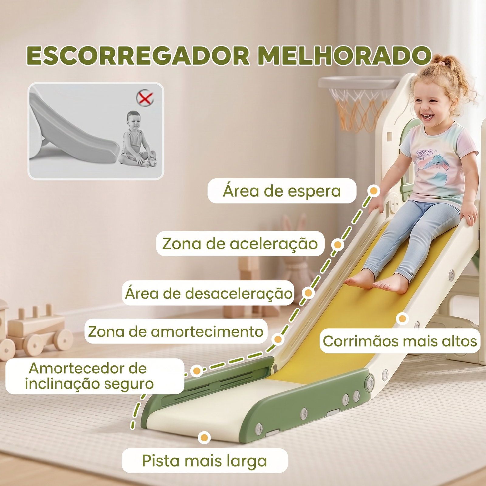 Escorrega infantil dobrável 4 em 1 com trepador, aro de basquetebol, bola, arrumação e degraus creme
