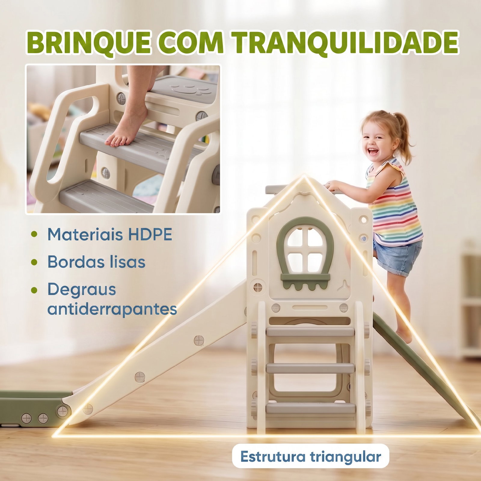 Escorrega infantil dobrável 4 em 1 com trepador, aro de basquetebol, bola, arrumação e degraus creme