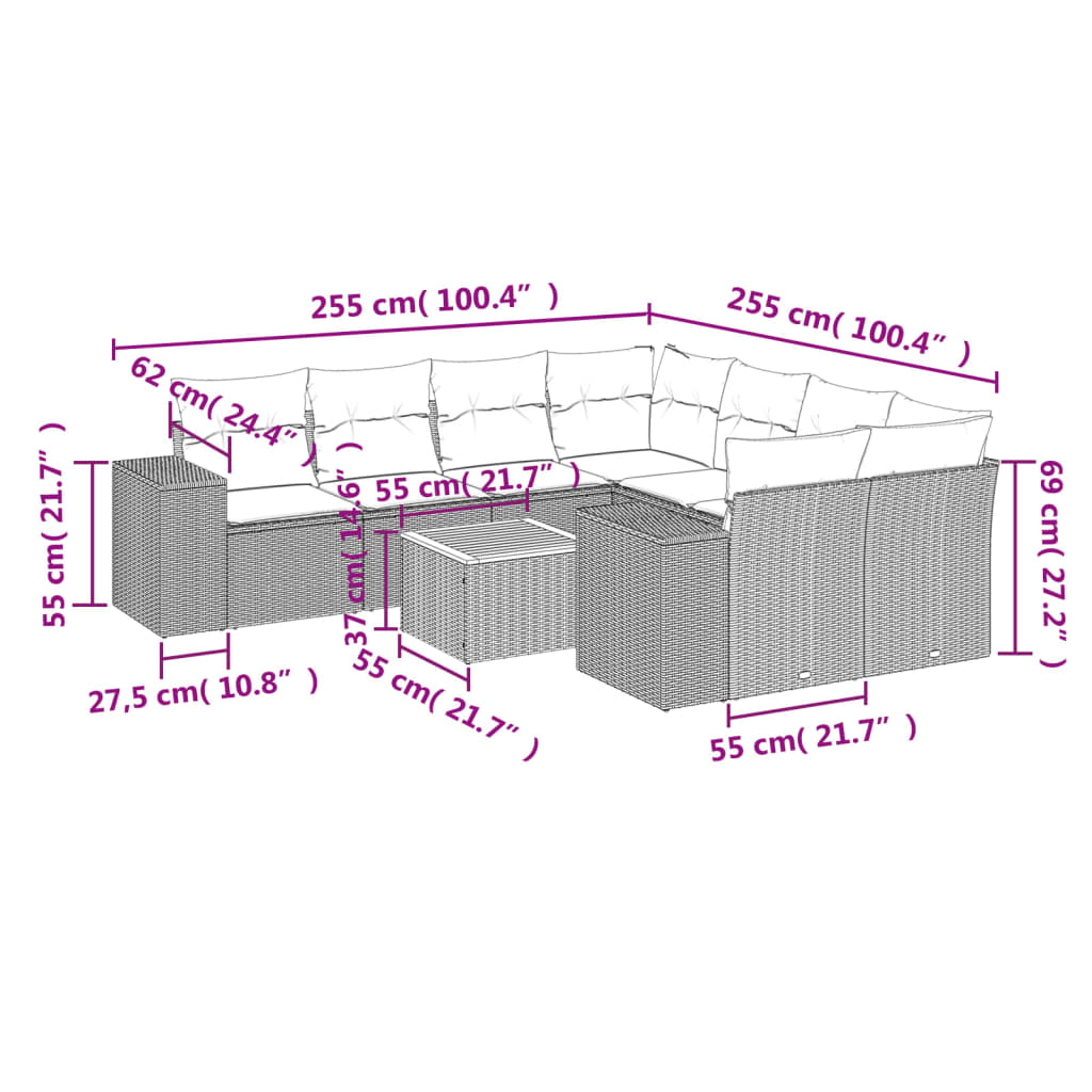 9 Pcs conjunto sofás p/ jardim com almofadões vime PE cinzento