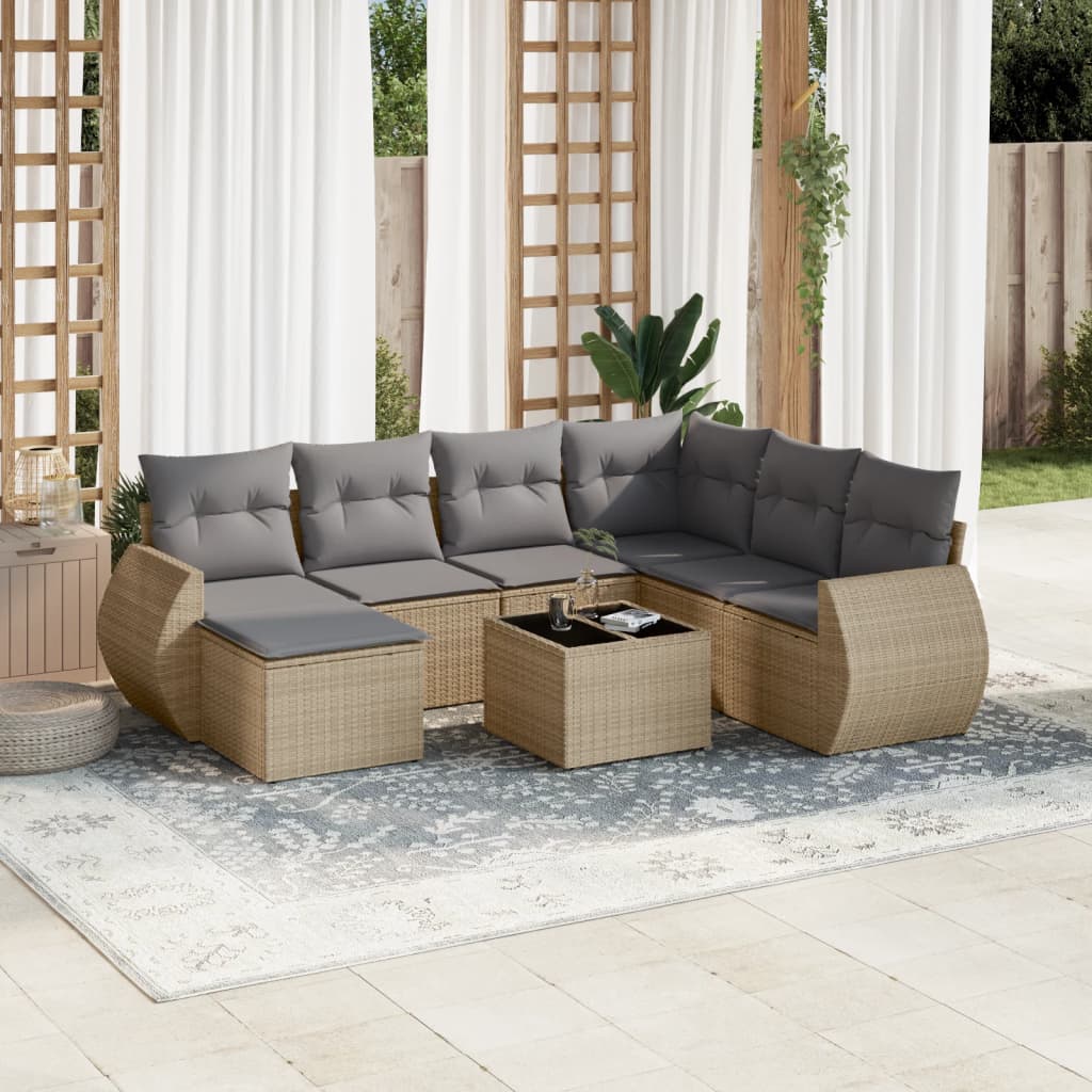 8 Pcs conjunto de sofás p/ jardim com almofadões vime PE bege