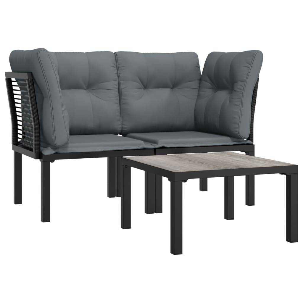 3 Pcs conjunto lounge de jardim vime PE preto e cinzento