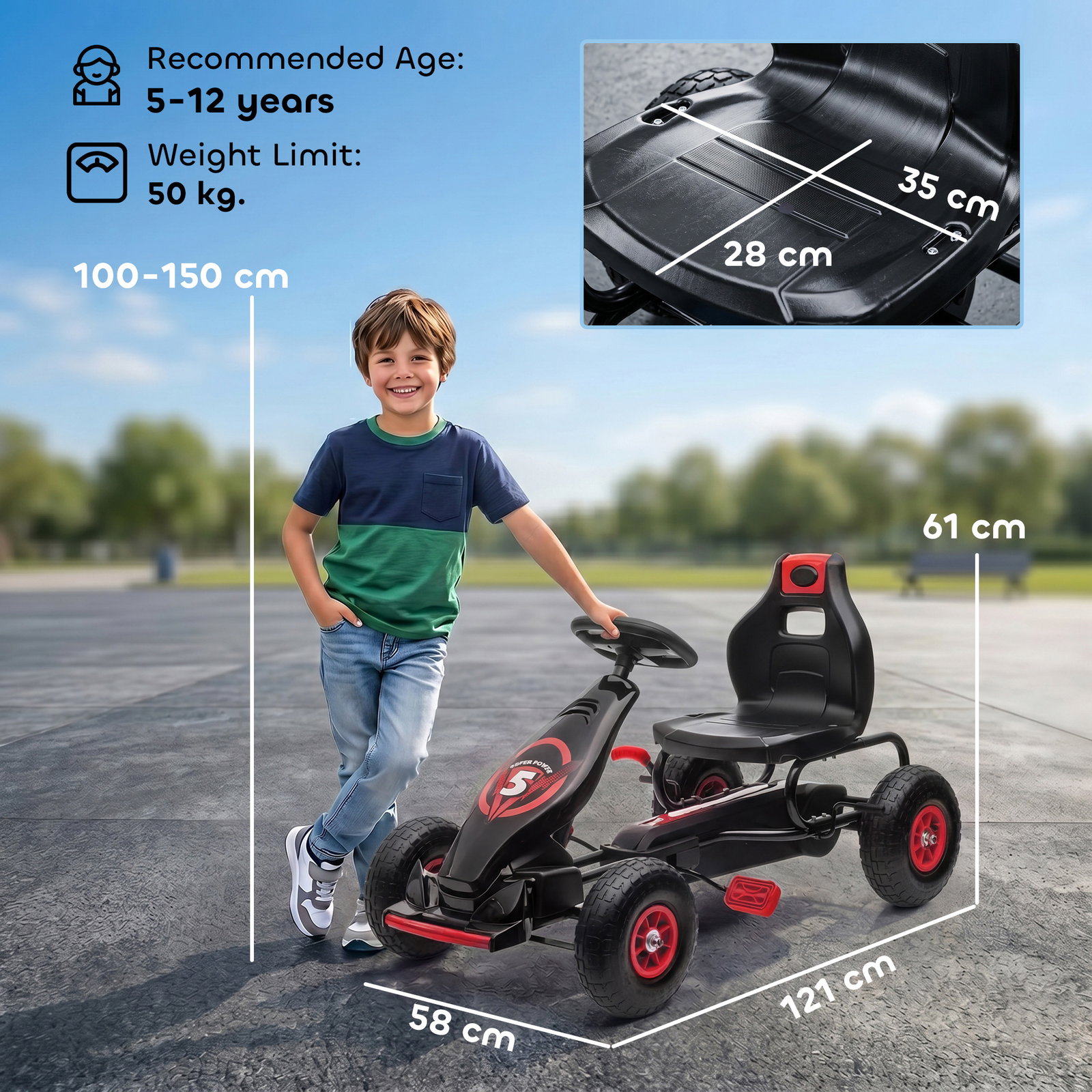 Kart a pedais para crianças 5-12 anos com assento ajustável pneus insufláveis amortecimento e travão de mão 121x58x61cm vermelho