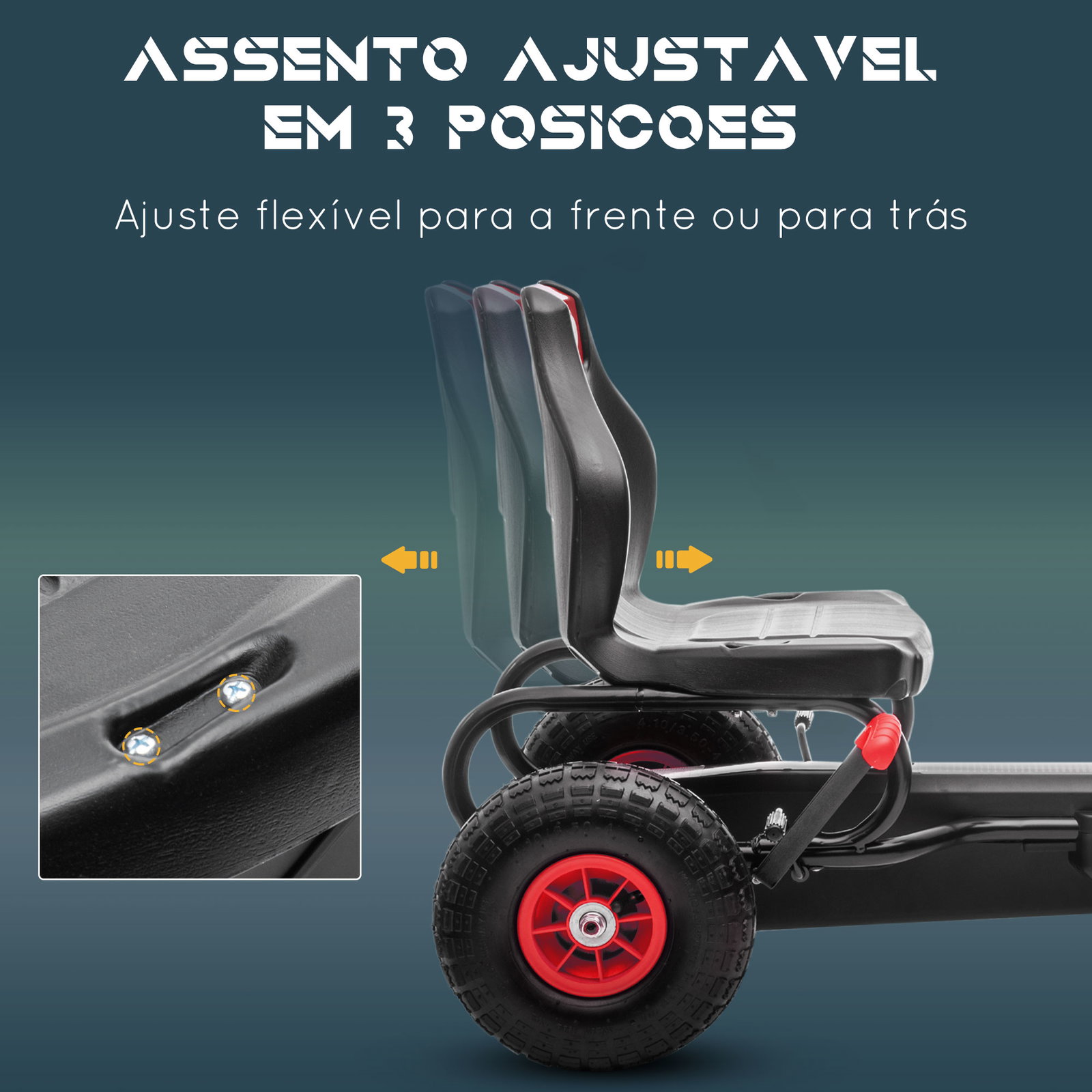Kart a pedais para crianças 5-12 anos com assento ajustável pneus insufláveis amortecimento e travão de mão 121x58x61cm vermelho