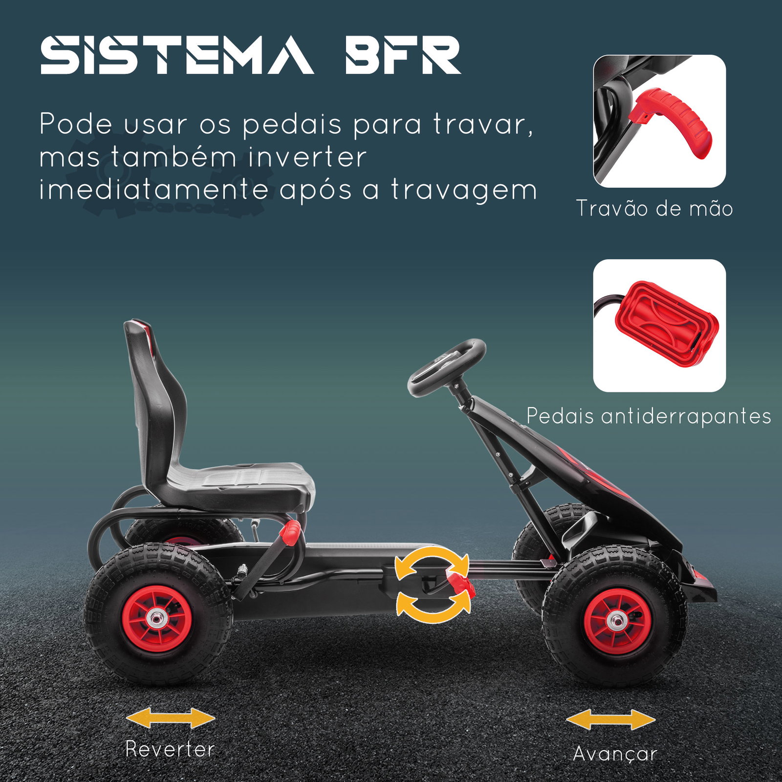 Kart a pedais para crianças 5-12 anos com assento ajustável pneus insufláveis amortecimento e travão de mão 121x58x61cm vermelho