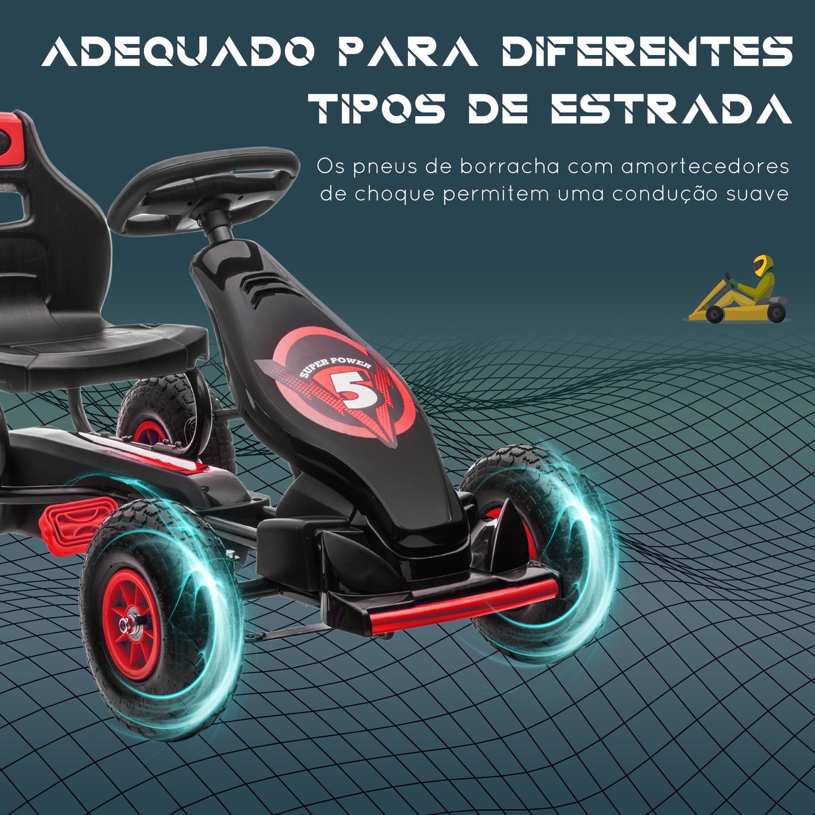 Kart a pedais para crianças 5-12 anos com assento ajustável pneus insufláveis amortecimento e travão de mão 121x58x61cm vermelho