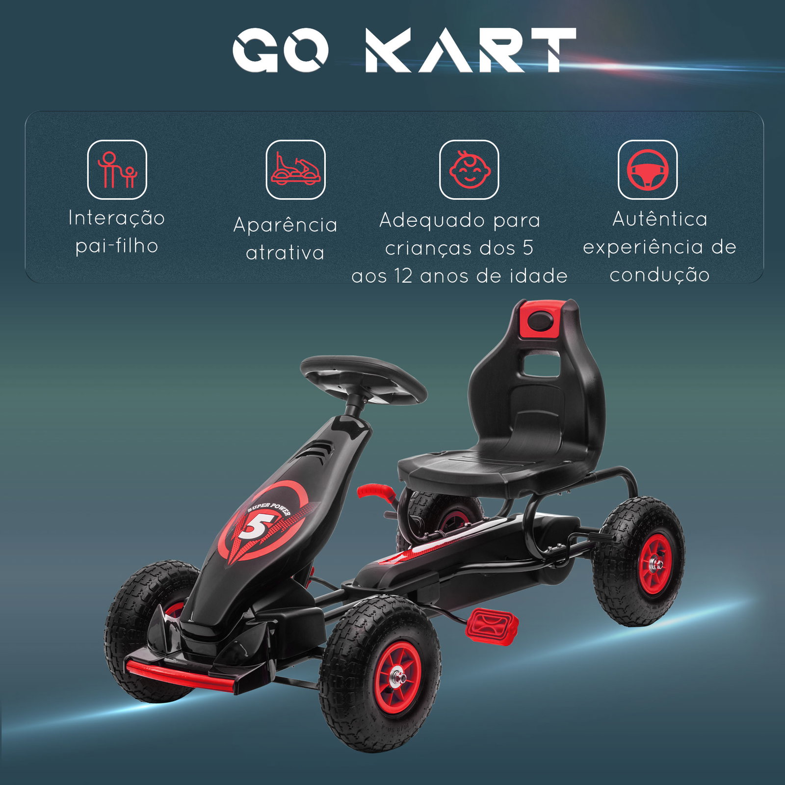 Kart a pedais para crianças 5-12 anos com assento ajustável pneus insufláveis amortecimento e travão de mão 121x58x61cm vermelho