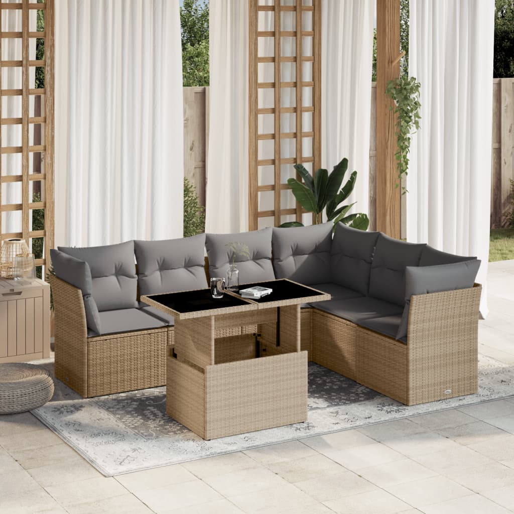 7 Pcs conjunto de sofás p/ jardim com almofadões vime PE bege